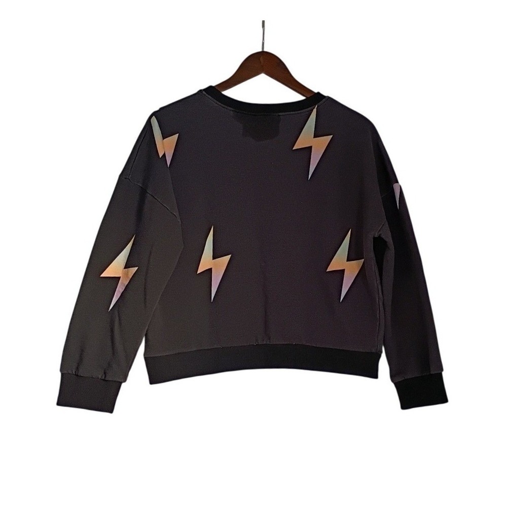 Storia Black Lightning Bolt Cropped Sweatshirt L 85% Cotton Retro Streetwear